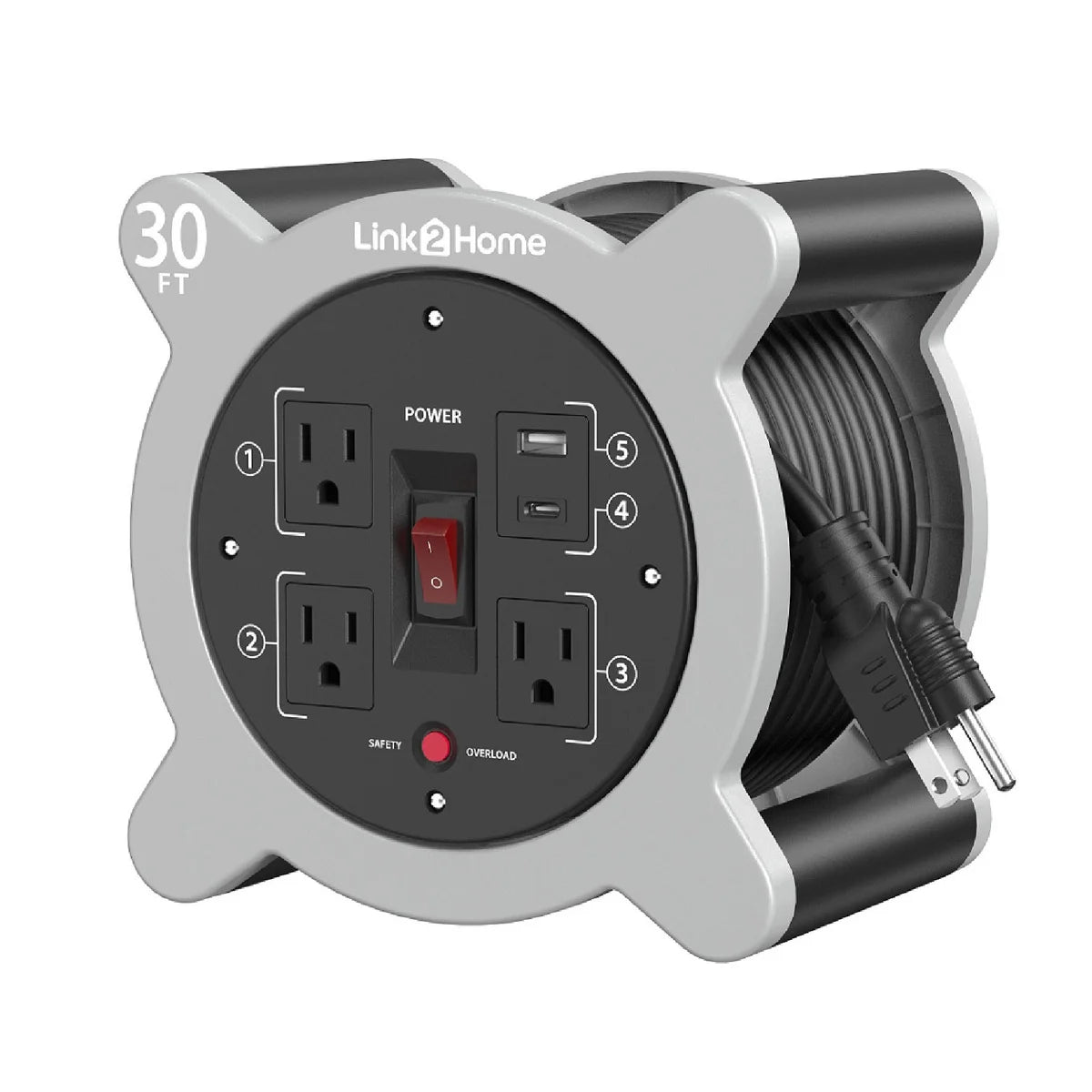 Cord Reel with 3 Outlets 2 USB A/C - Link2Home 30ft.
