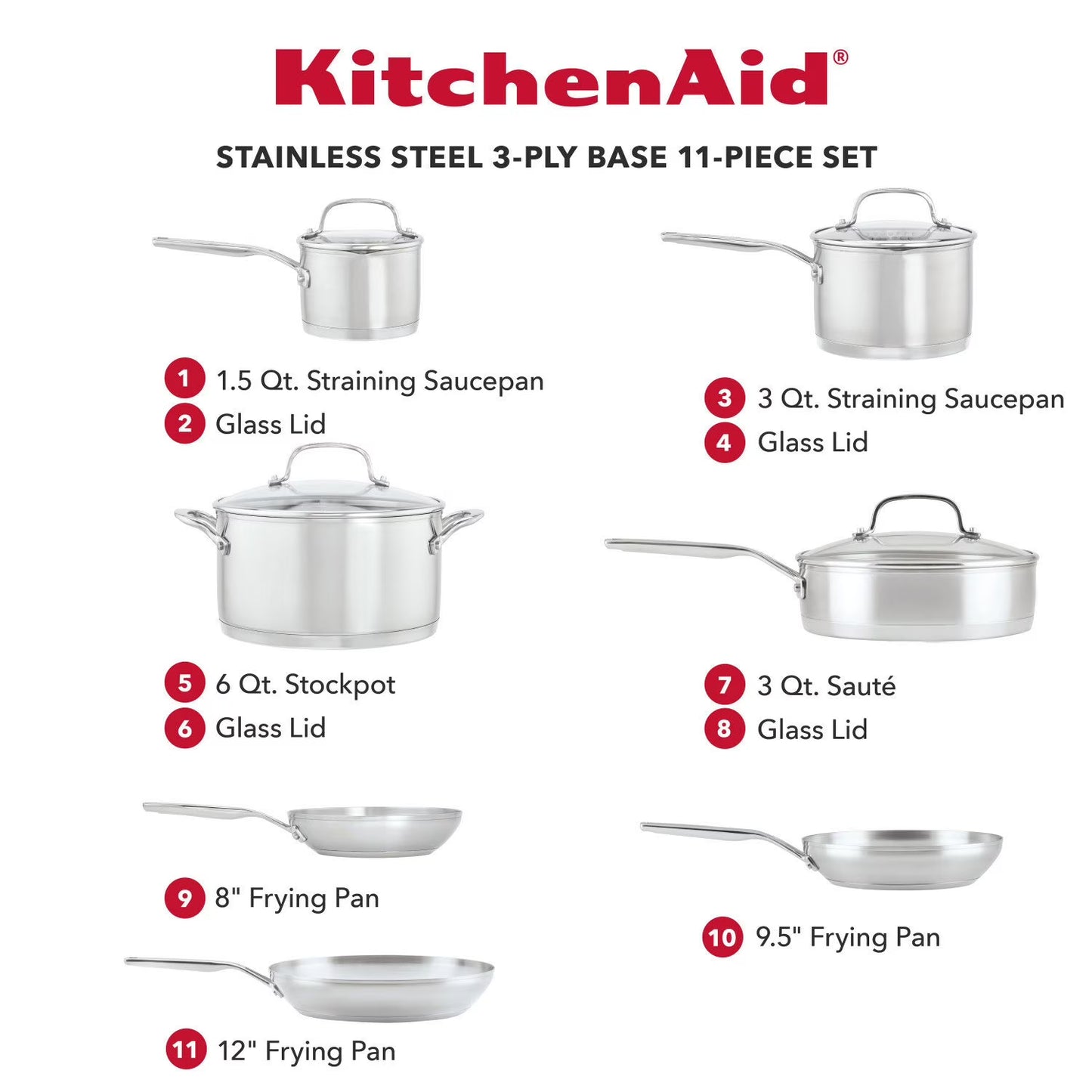 3 Ply Base Stainless Steel 11 Piece Cookware Set, Brushed Stainless Steel