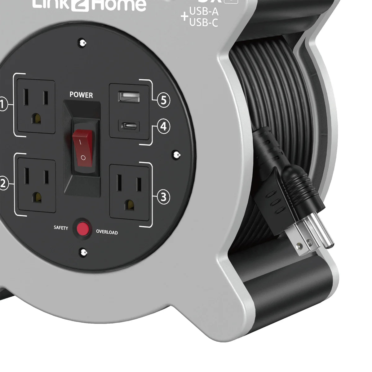Cord Reel with 3 Outlets 2 USB A/C - Link2Home 30ft.