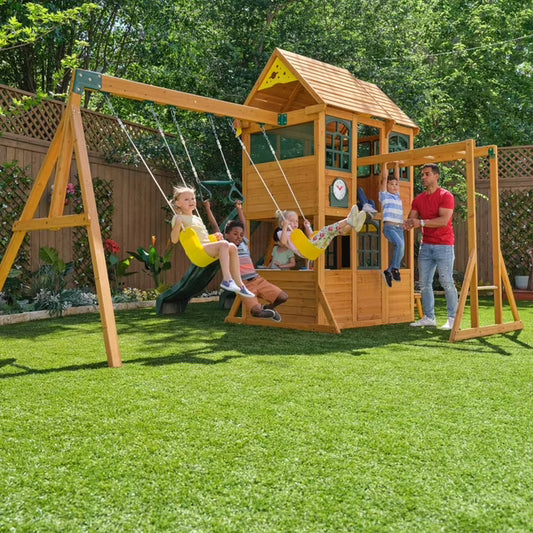 Overland Heights Wooden Swing Set with Monkey Bars