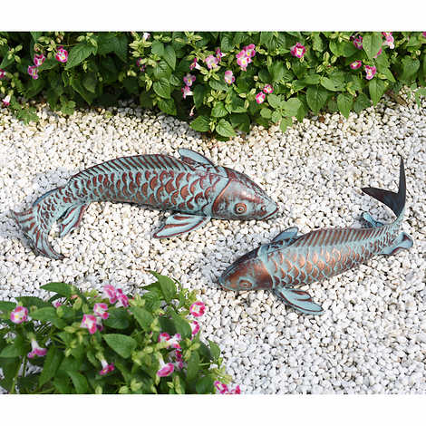 Verdigris Metal Fish Statue 2-pack