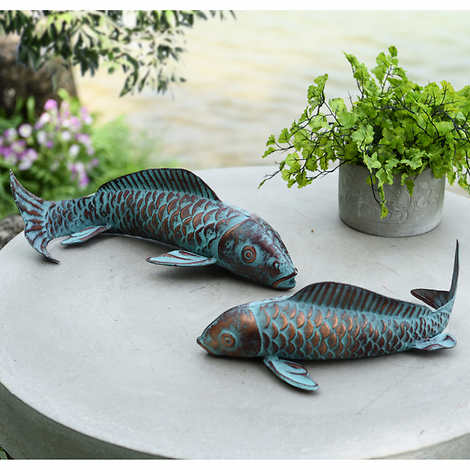 Verdigris Metal Fish Statue 2-pack