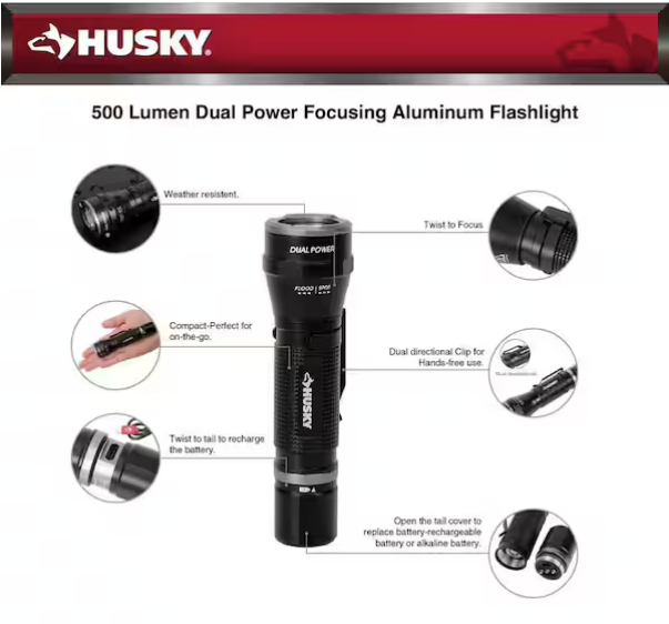 500-Lumens Dual Power Focusing Aluminum Flashlight