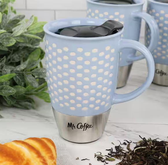 15 oz. Blue Stoneware and Stainless Steel Travel Mug