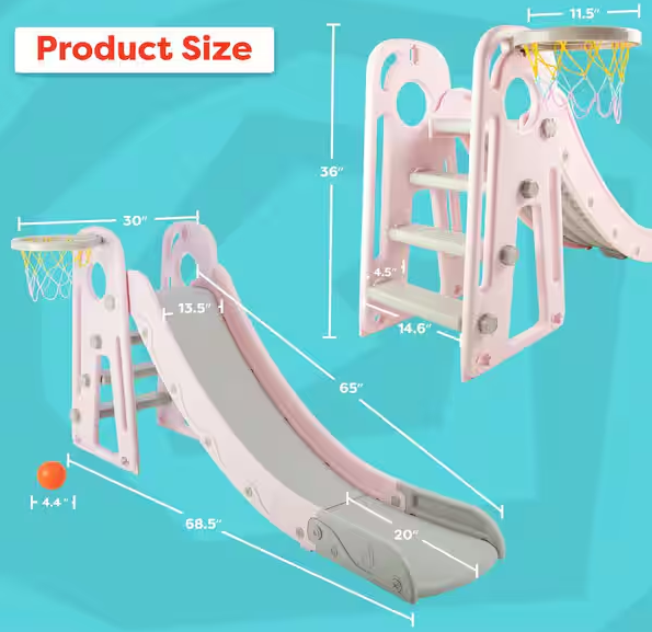Toddler Slide with Basketball Hoop, Pink