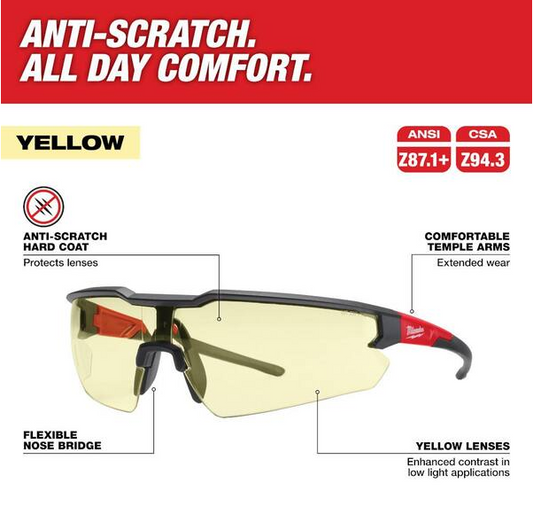 Safety Glasses with Yellow Anti-Scratch Lenses (2-Pack)