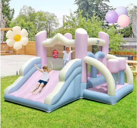 Macron Pastel Bounce House with Slide Basketball Hoop
