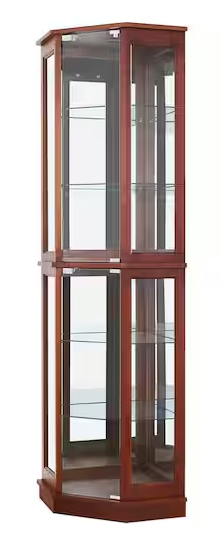 Walnut 5-Sided Lighted Corner Curio Cabinet