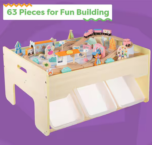 63PC Wooden Train Set with Table, Yellow