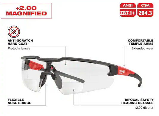 +2.00 Bifocal Safety Glasses Magnified Anti-Scratch Lenses (4-Pack)
