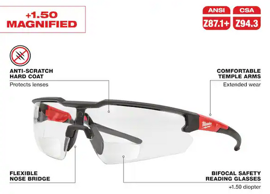 +1.50 Bifocal Safety Glasses Magnified Anti-Scratch Lenses (4-Pack)