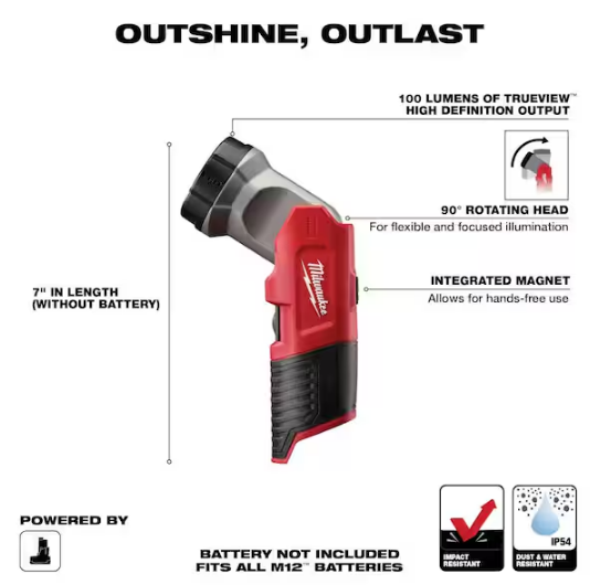M12 12-Volt Lithium-Ion Cordless 100 Lumens LED Work Flashlight