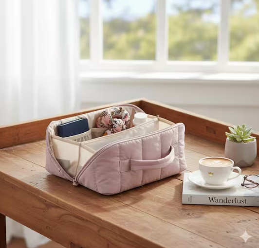 Pink Quilted Travel Makeup Toiletry Bag