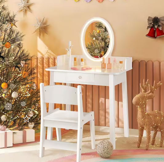 2-Piece Wood Top White Kids Vanity Set with Lighted Mirror Chair