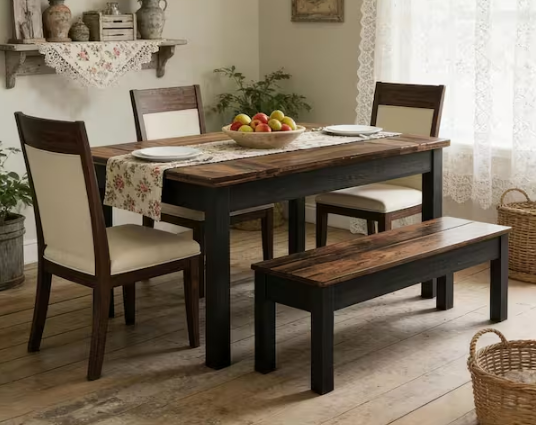 3-Piece Rectangle Dark Brown Wood Top Dining Table Set