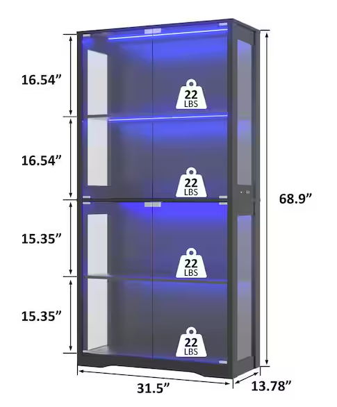 Black 4-Tier Display Cabinet with Tempered Glass Door