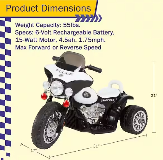 3-Wheel Battery Powered Ride on Toy Motorcycle Police Chopper