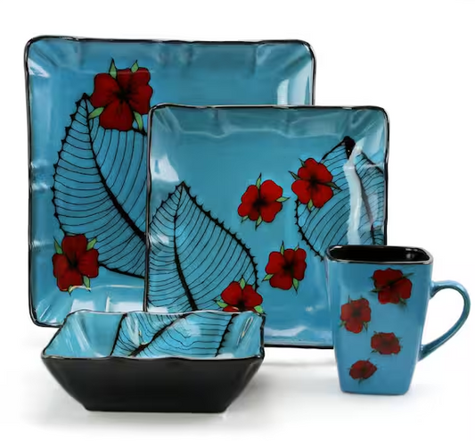 16-Piece Patterned Blue Stoneware Dinnerware Set