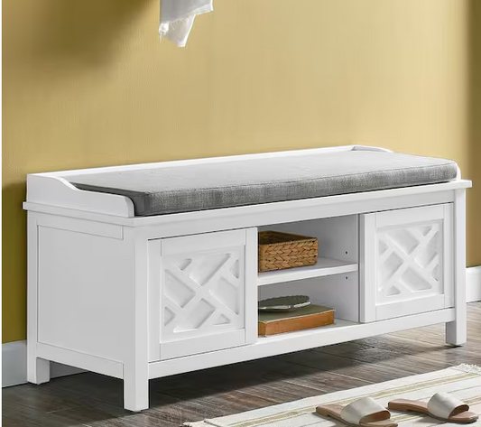 45 in. W Coventry White Wood Bench with Storage and Cushion