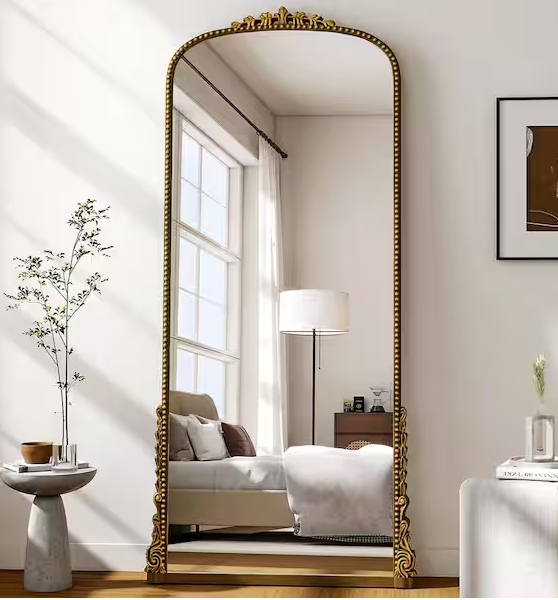 Antique Gold Carved Arched PU Frame Full Length Floor Mirror