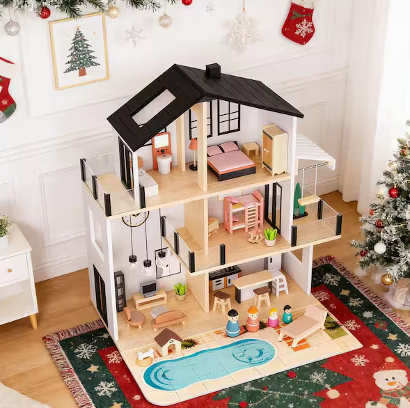 Wooden Dollhouse with 49 Accessories