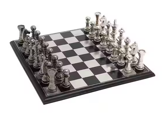 Silver Aluminum Chess Game Set with Black and Silver Pieces