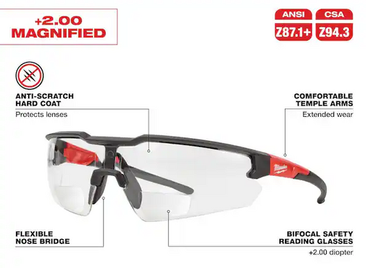 +2.00 Bifocal Safety Glasses Magnified Anti-Scratch Lenses
