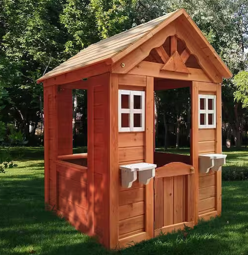 Wooden Kids Playhouse with 2-Windows and Flowerpot Holder