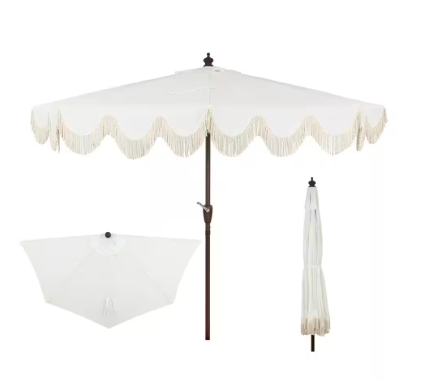 Patio Umbrella with Crank, Push Button Tilt and UV Protection in Cream/White - Beverly 9 ft. Scalloped Fringe Half Market