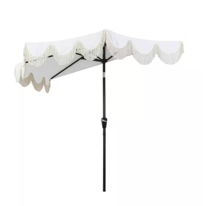 Patio Umbrella with Crank, Push Button Tilt and UV Protection in Cream/White - Beverly 9 ft. Scalloped Fringe Half Market