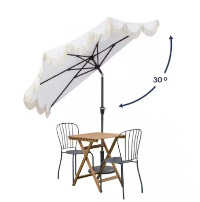 Patio Umbrella with Crank, Push Button Tilt and UV Protection in Cream/White - Beverly 9 ft. Scalloped Fringe Half Market