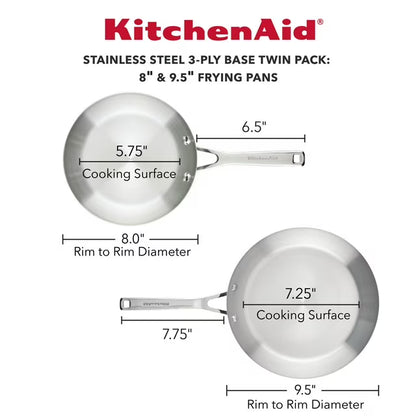 3-Ply Base Stainless Steel Cookware Induction 2-Piece Fry Pans Set