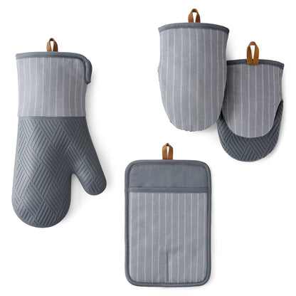 4 -Pack Yarn Dyed Silicone Oven Mitt, Pot Holder, Mini Mitt Set