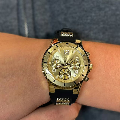 Quartz 39mm Black Silicone and Gold Stainless Steel, Gold Dial Watch