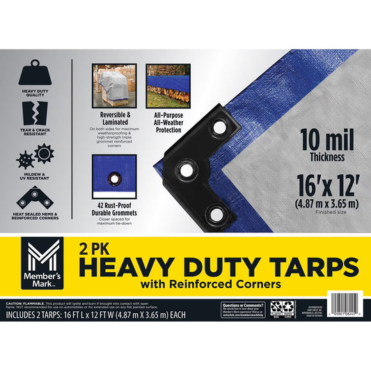 Commercial Tarps with Reinforced Corners, 16' x 12', Blue/Gray 2-Pack