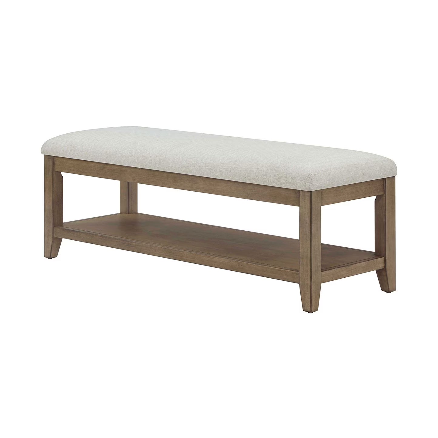 Beige Fabric Upholstery and Wood Bench with Lower Storage Shelf