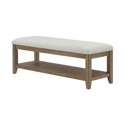 Beige Fabric Upholstery and Wood Bench with Lower Storage Shelf