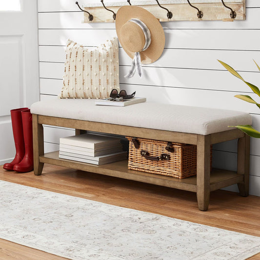 Beige Fabric Upholstery and Wood Bench with Lower Storage Shelf