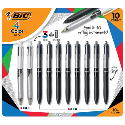 BIC Grip 4 Color Ball Pens with 3 Color + Pencil Set, 10-count