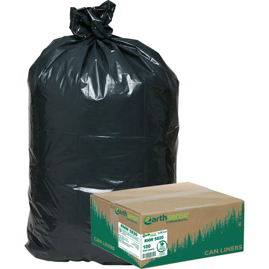 Earthsense Black Recycled Star Bottom Trash Bags, 100-count,55-60 gal