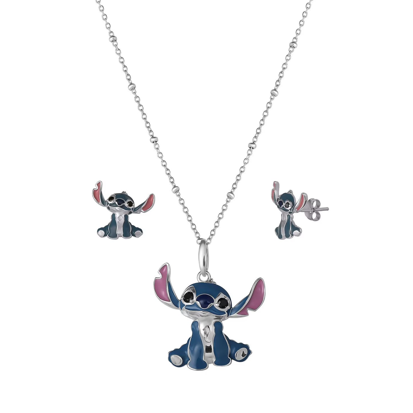 Lilo and Stitch Stud Earring and Pendant Necklaces Set in Sterling Silver