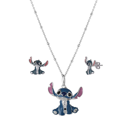 Lilo and Stitch Stud Earring and Pendant Necklaces Set in Sterling Silver