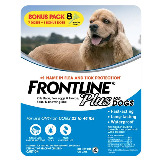 Frontline Plus Flea and Tick Dog Treatment 23-44 lb, 7+1 Doses