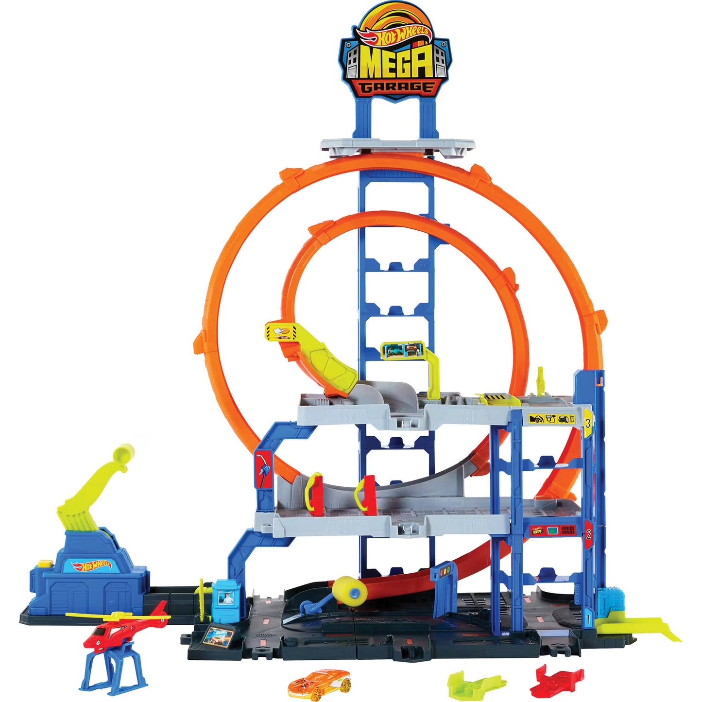 Hot Wheels Mega Loop Garage Playset with 1 Die-Cast Toy Car & 1 Toy Helicopter