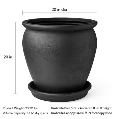 20" Matte Black Umbrella Stand Planter with Integrated Saucer