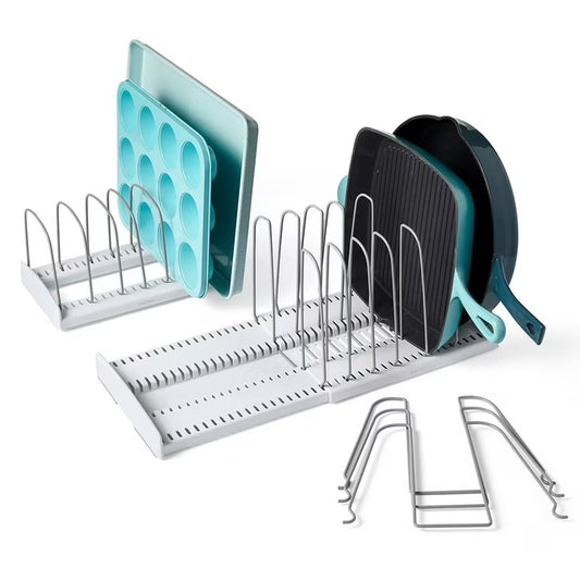2-Piece Expandable Cookware and Adjustable Bakeware Storage Rack