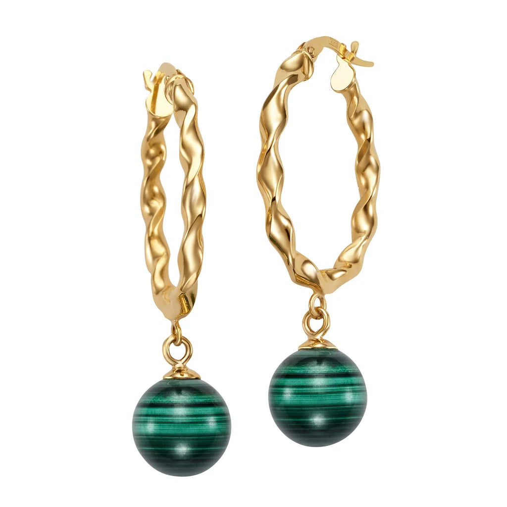 Green Malachite 14kt Yellow Gold Oval Hoop Earrings