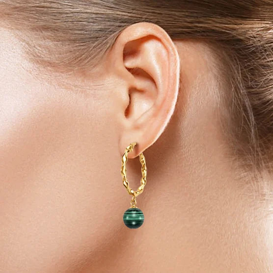 Green Malachite 14kt Yellow Gold Oval Hoop Earrings
