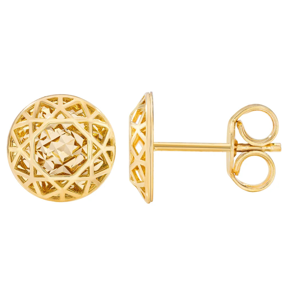 14kt Yellow Gold High Polish & Diamond Cut Round Stud Earrings