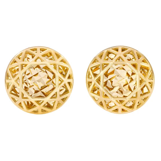 14kt Yellow Gold High Polish & Diamond Cut Round Stud Earrings